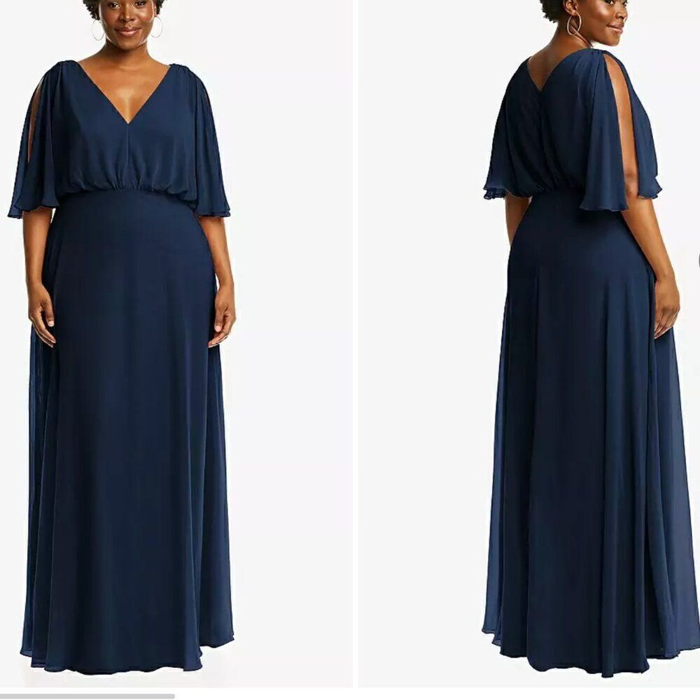 V-Neck Split Sleeve Blouson Bodice Maxi Dress in Midnight Navy NWT 18R